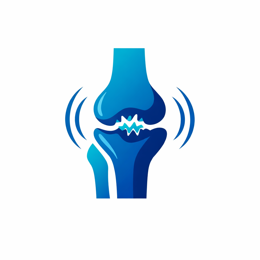 Illustration of a knee joint with pain, depicted with wavy lines and a lightning bolt in the center.