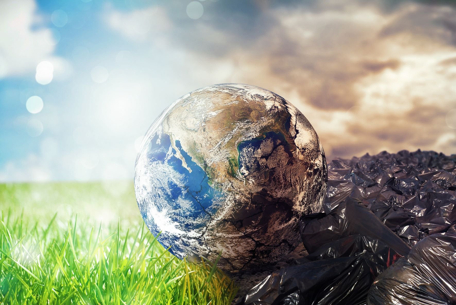 Earth is shown half-quality, half-damaged with cracks, positioned on the ground, surrounded by green grass on the left side and black garbage bags on the right side, under a cloudy sky.