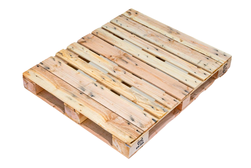 Wooden pallet with multiple planks stacked in a rectangular shape.
