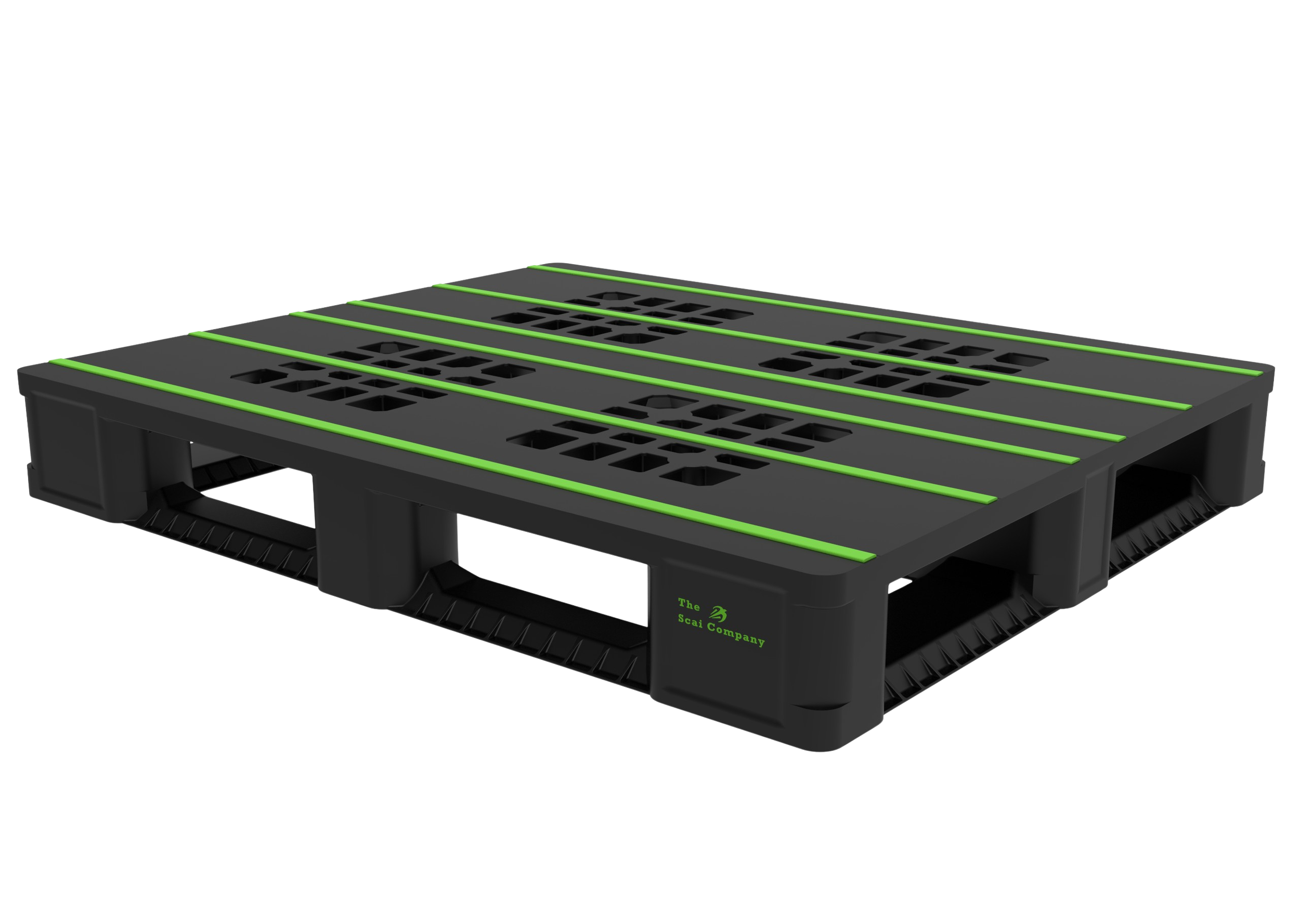 A black plastic pallet with green bars and open grid design, marked with the words 'The Scai Company' in green.