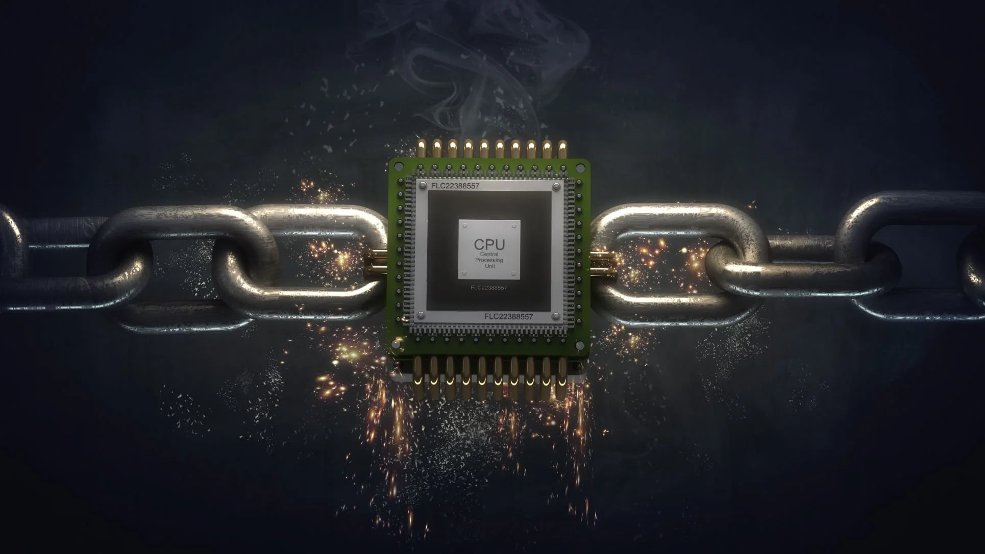 A microchip with the label CPU surrounded by a metal chain, with sparks and smoke in the background.