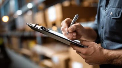 A person writing on a clipboard with a pen in a workshop or storage room.