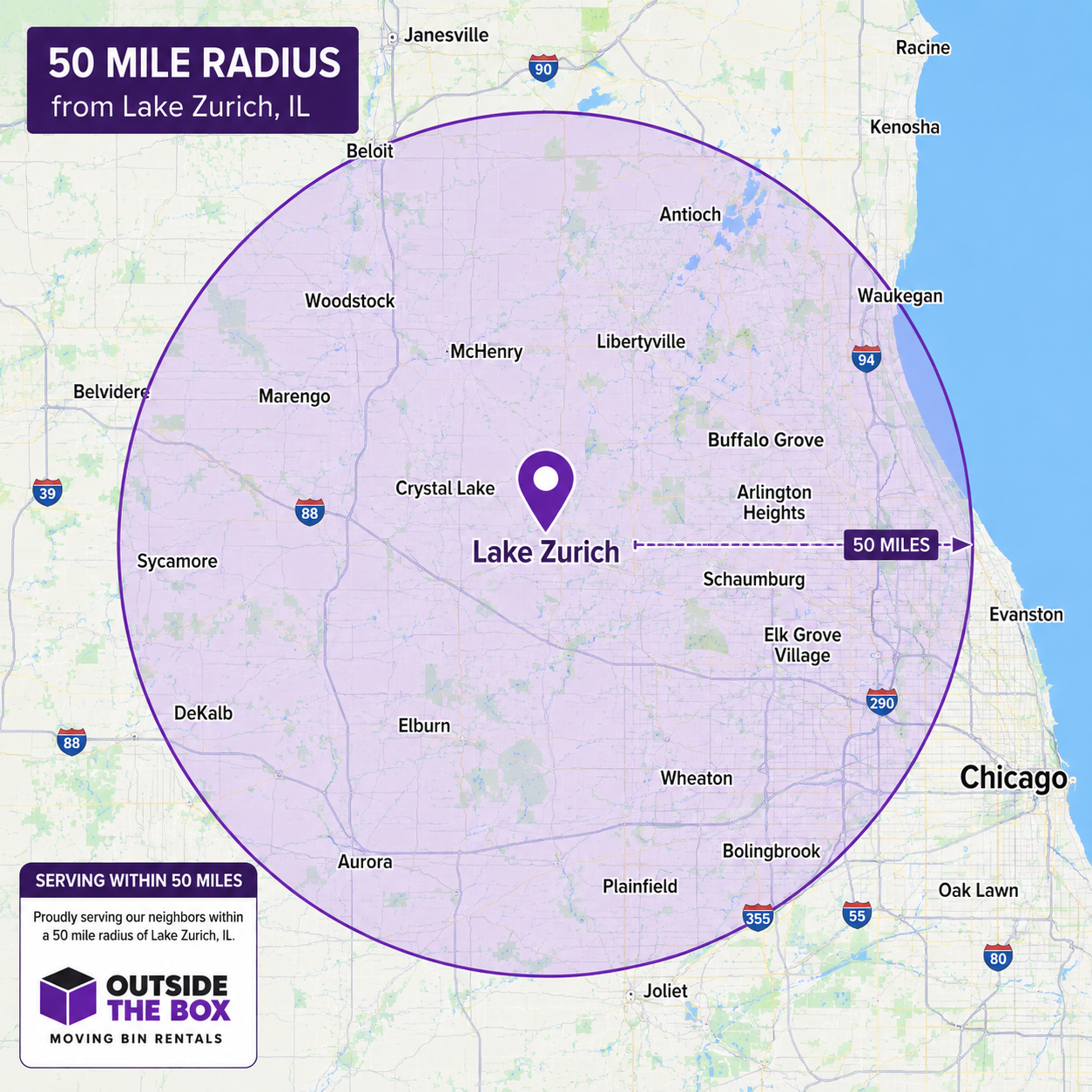 Map showing a 50-mile radius centered on Lake Zurich, Illinois, with neighboring towns like Arlington Heights, Crystal Lake, Buffalo Grove, and Schaumburg, along with major highways.