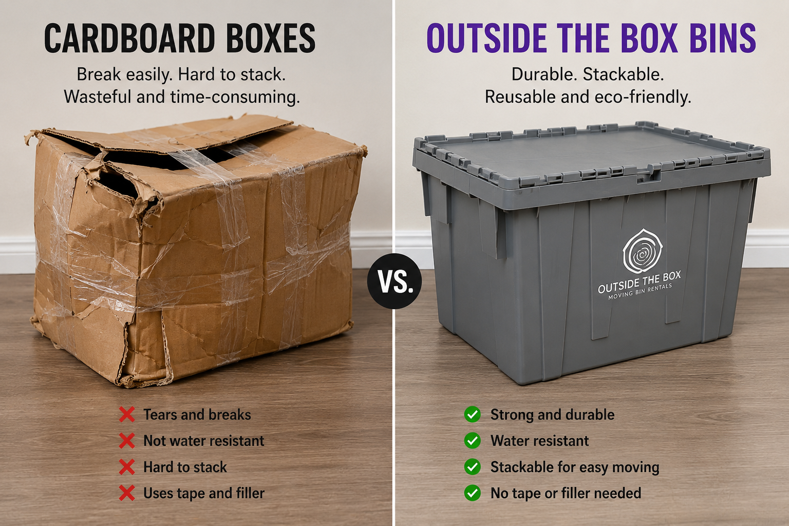 Comparison of cardboard boxes and outside the box bins. The left side shows a damaged, taped cardboard box with text highlighting issues like tears, not water resistant, hard to stack, and uses tape and filler. The right side shows a sturdy gray plastic bin with the label outside the box, emphasizing durability, water resistance, stackability, and no tape or filler needed.