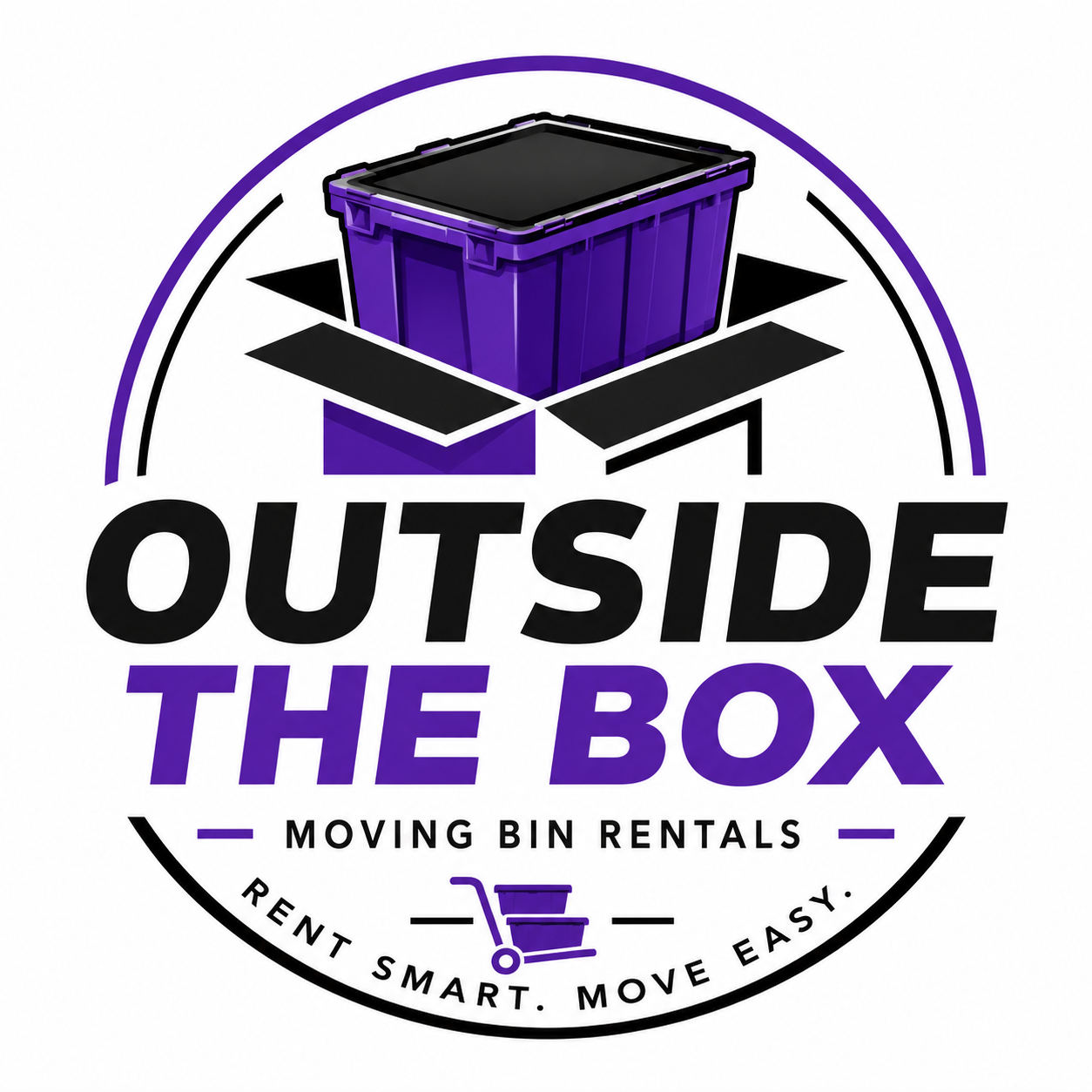 Logo for Outside the Box Moving Bin Rentals, featuring a purple moving bin in an open box design and a purple shopping cart icon, with text ‘OUTSIDE THE BOX’ in bold black and purple letters, and the tagline ‘Rent Smart. Move Easy.’