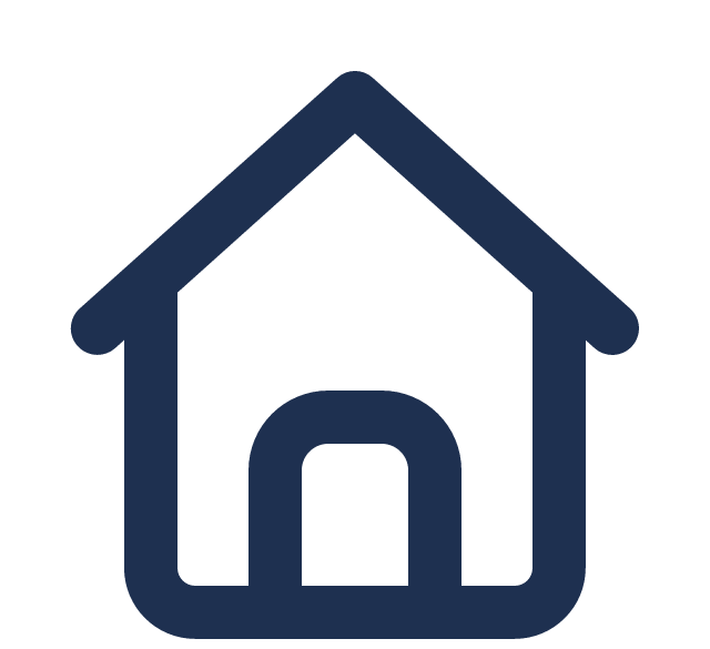 Icon of a house with a triangular roof, door, and walls, in dark blue.