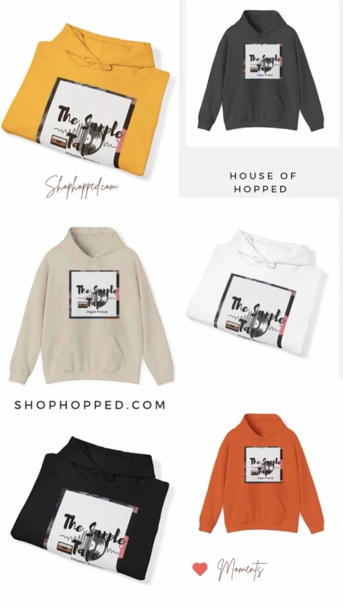 Collection of four hoodies in yellow, black, beige, and orange with a graphic label that reads "The Sample Tape" and a cassette tape illustration. The yellow and orange hoodies are folded, while the black and beige are fully visible, displayed against a white background. The image includes text "shopped.com" and "shopped."