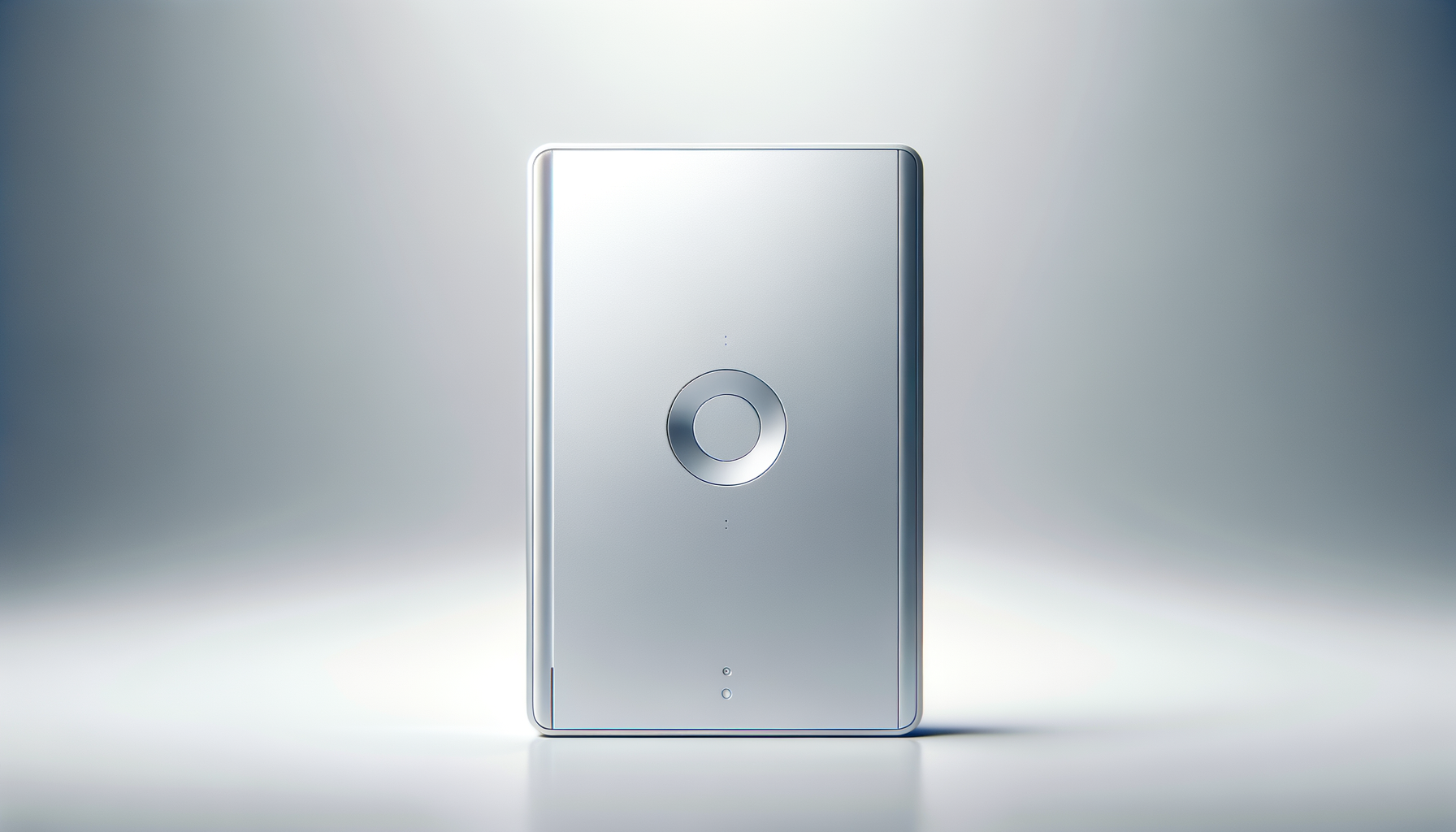 A sleek, modern electronic device with a circular control button in the center, standing upright against a soft, gradient background.