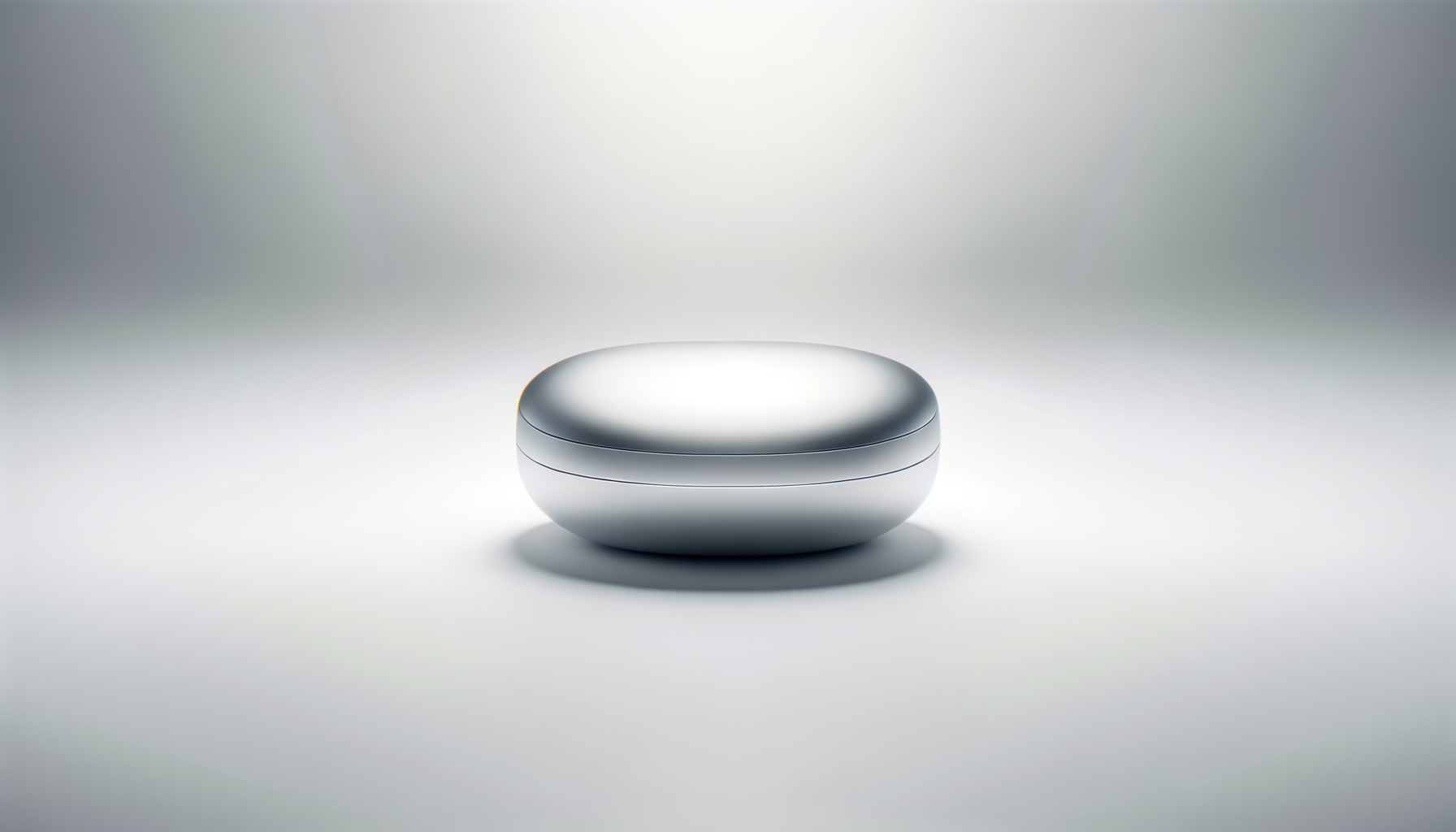 A sleek, metallic, oval-shaped container with a smooth, shiny surface sitting on a plain white background, casting a subtle shadow.