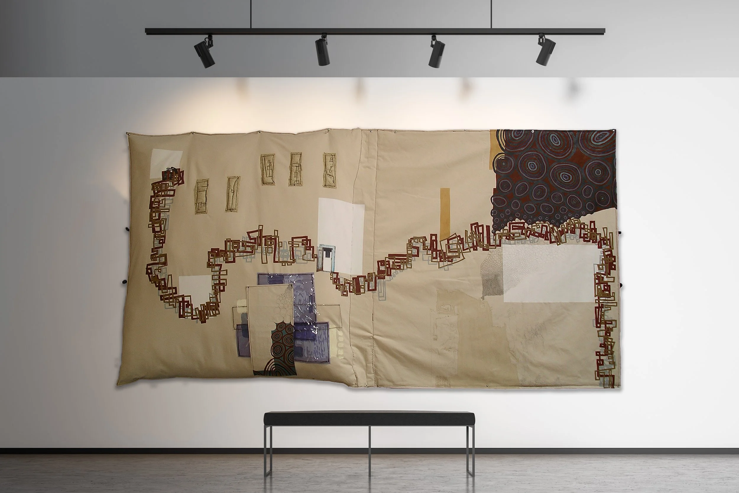 Threshold, acrylic and mixed media on stuffed canvas, 59” x 120”
