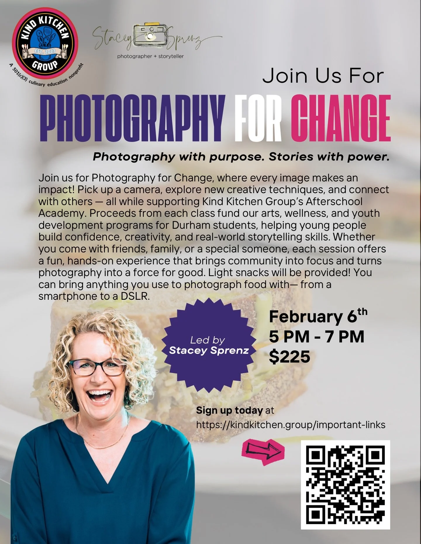 📸✨ Every photo has the power to make a difference. Join us for Photography for Change on Feb 6th and learn creative techniques while supporting Kind Kitchen Group&rsquo;s Afterschool Academy! Led by the incredible Stacey Sprenz, this hands-on worksh