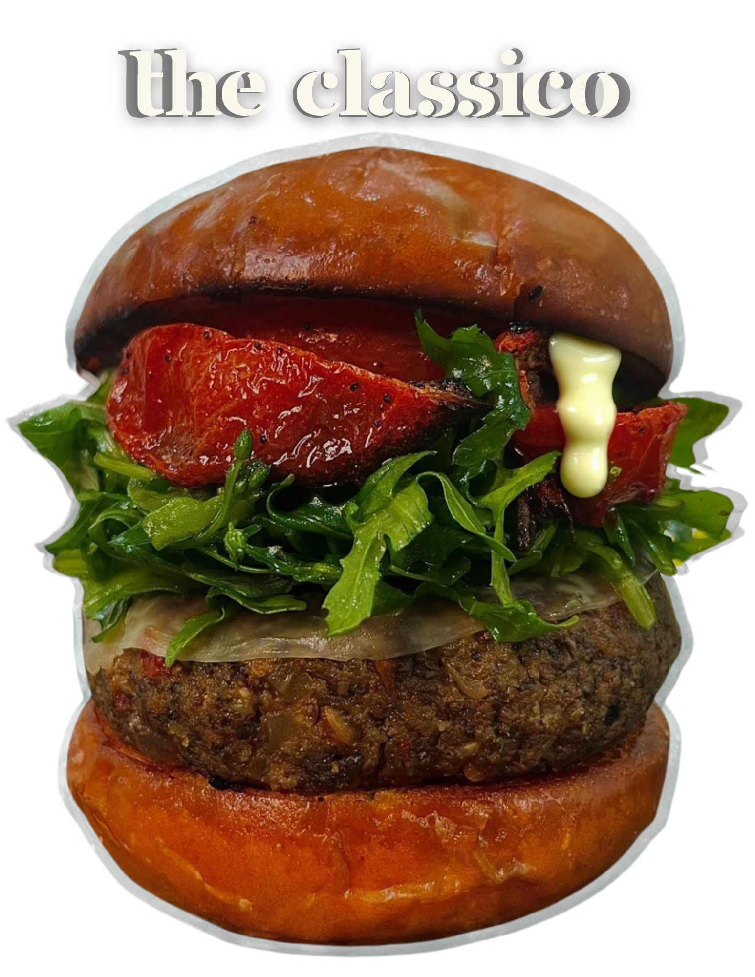 A detailed view of a burger with various ingredients including a beef patty, lettuce, tomato, cheese, and a toasted bun under a black background with the text 'the classico' at the top.