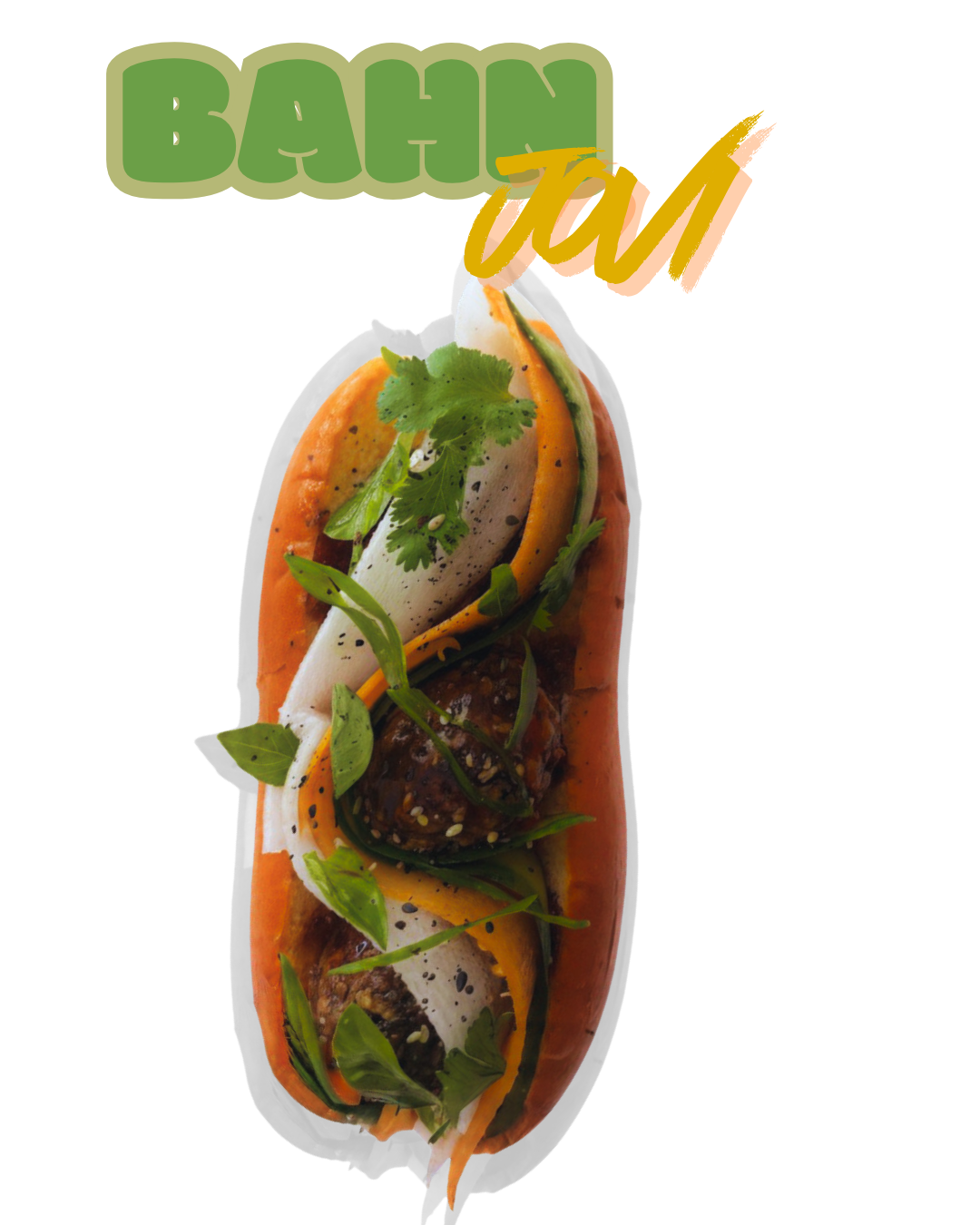 Close-up of a Vietnamese-style banh mi hot dog with grilled meat, cucumber, carrot, cilantro, green onions, and lettuce inside a toasted bun.