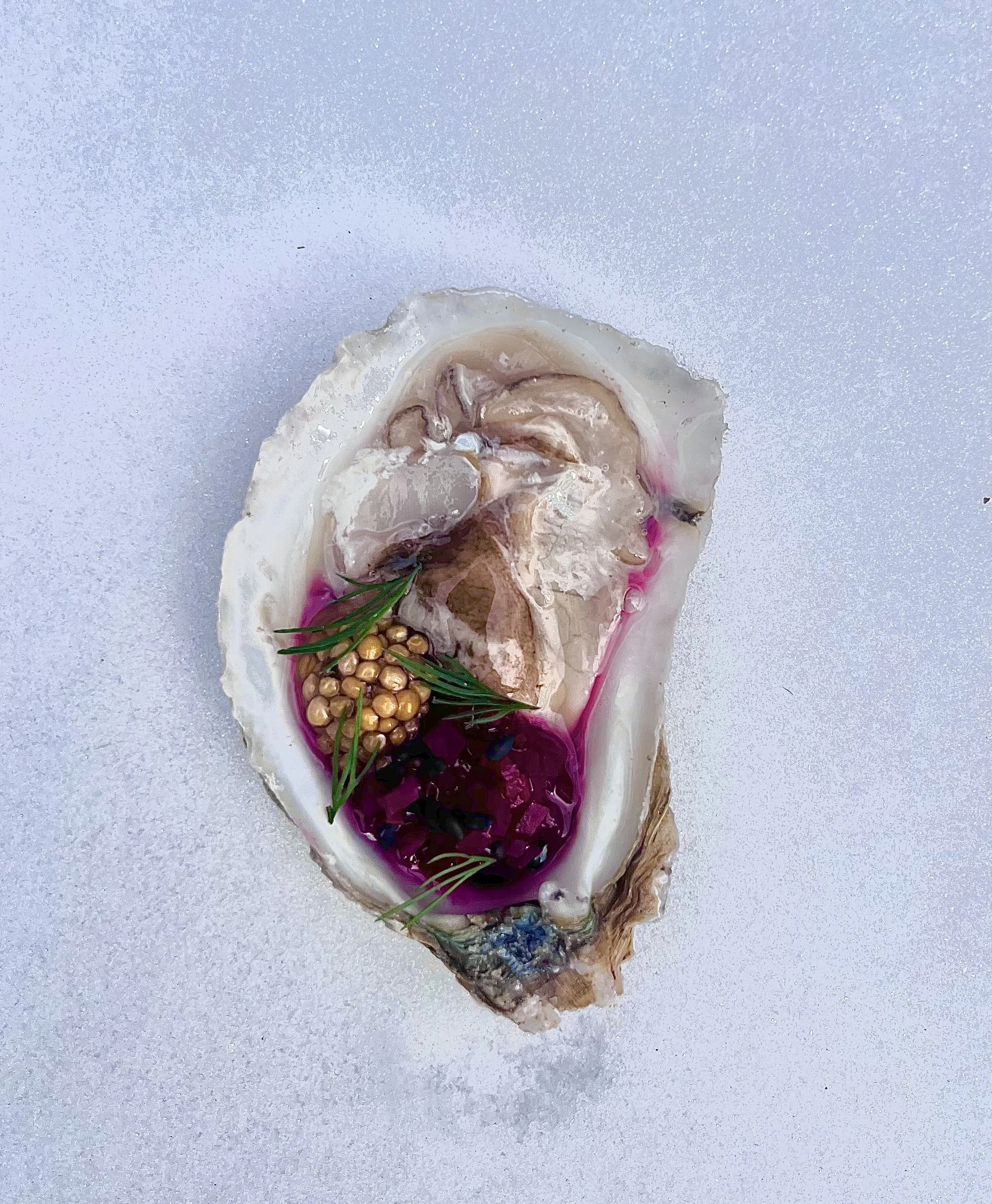 A single oyster shell filled with various natural elements including purple liquid, sprigs of green herbs, a cluster of small golden beads, and a few iridescent decorative stones, set on a speckled light-colored surface.