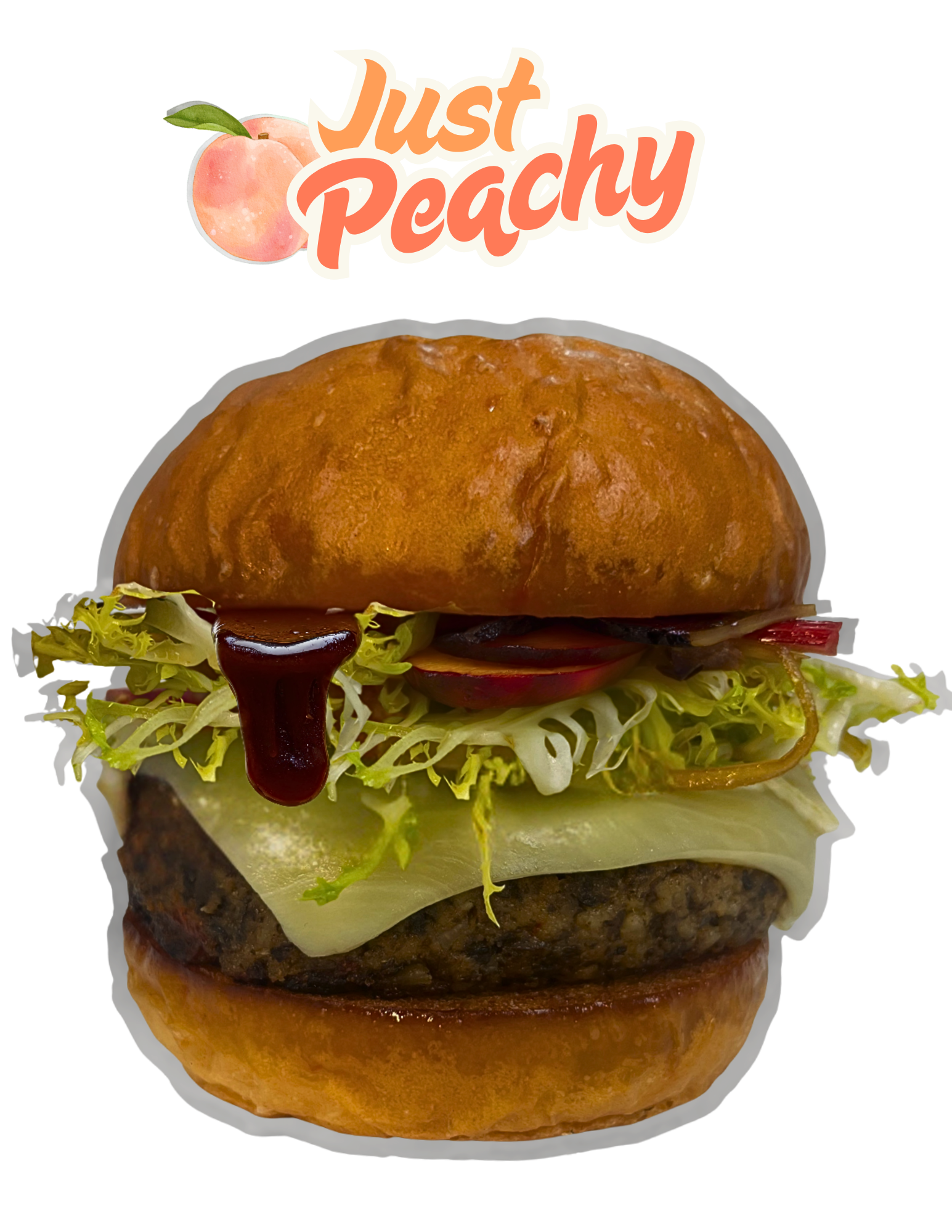 A close-up of a burger with lettuce, cheese, a beef patty, tomato, and barbecue sauce in a bun, with a logo that says "Just Peachy" above it.