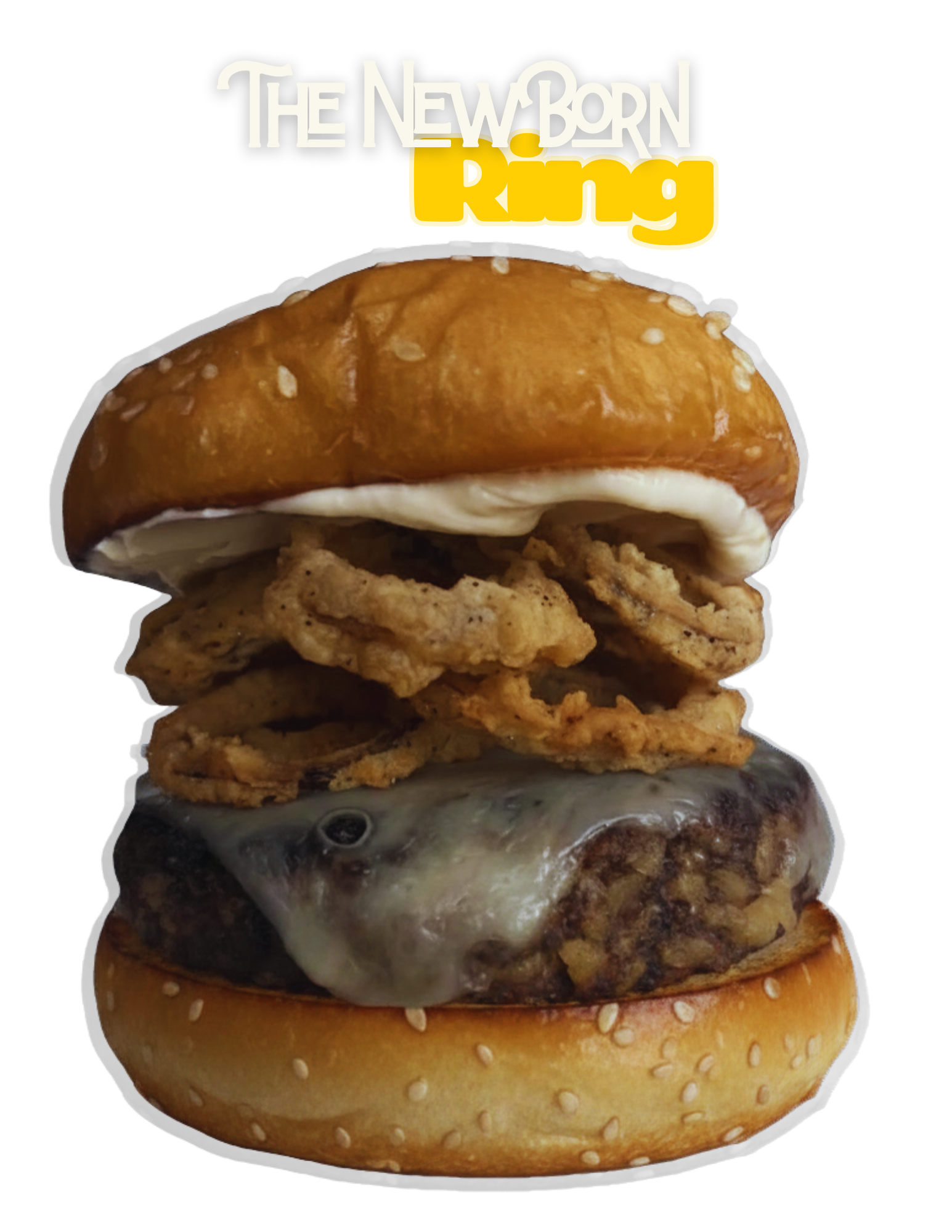 A picture of the burger from the 'The New Born King' fast food menu. It has a sesame seed bun, fried chicken fillet, melted cheese, grilled beef patty, onion, grilled beef patty, melted cheese, fried chicken fillet, and sesame seed bun.