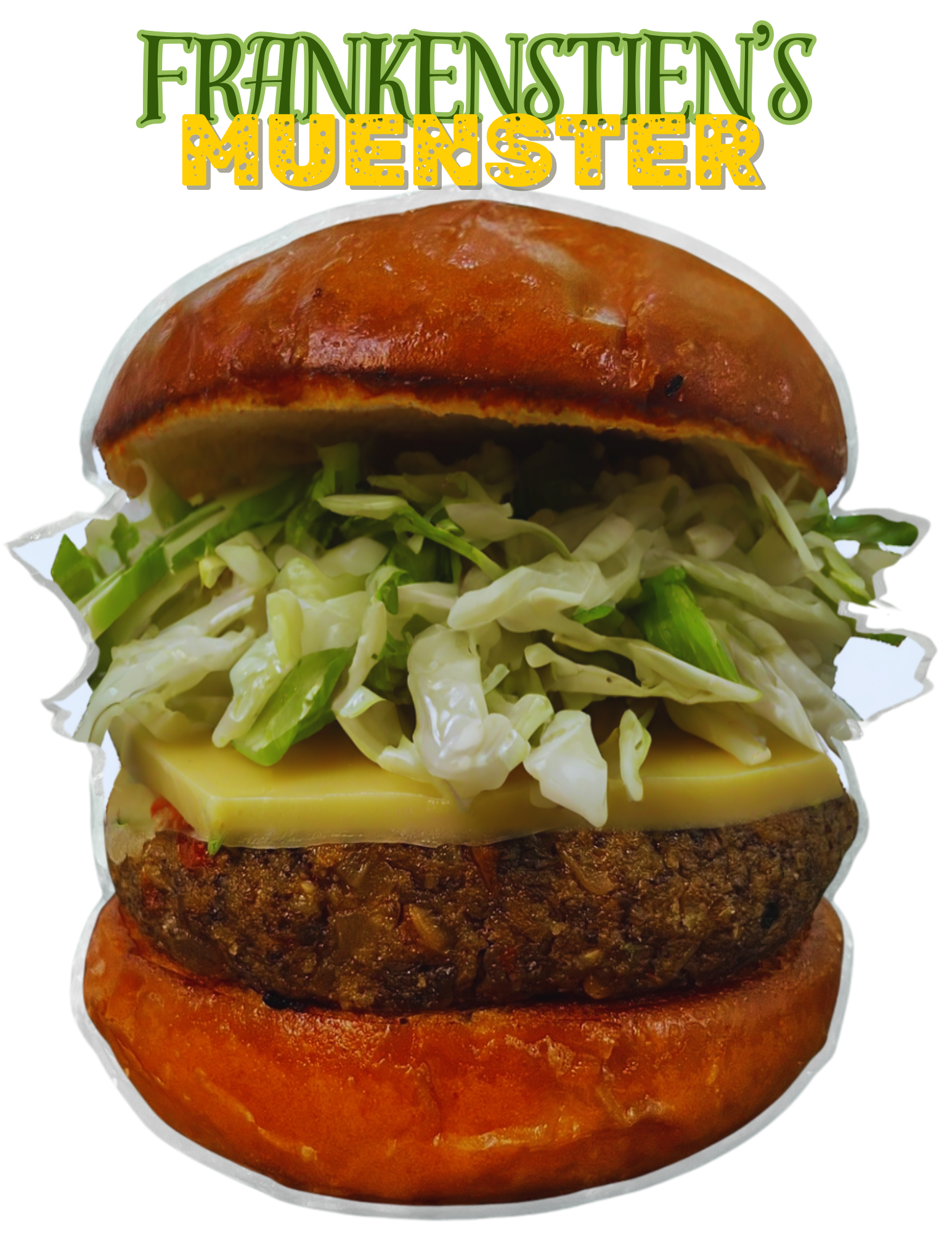 A close-up of a burger with a grilled beef patty, shredded lettuce, a slice of cheese, and a top bun, with text reading "Frankenstein's Mунстер" at the top.
