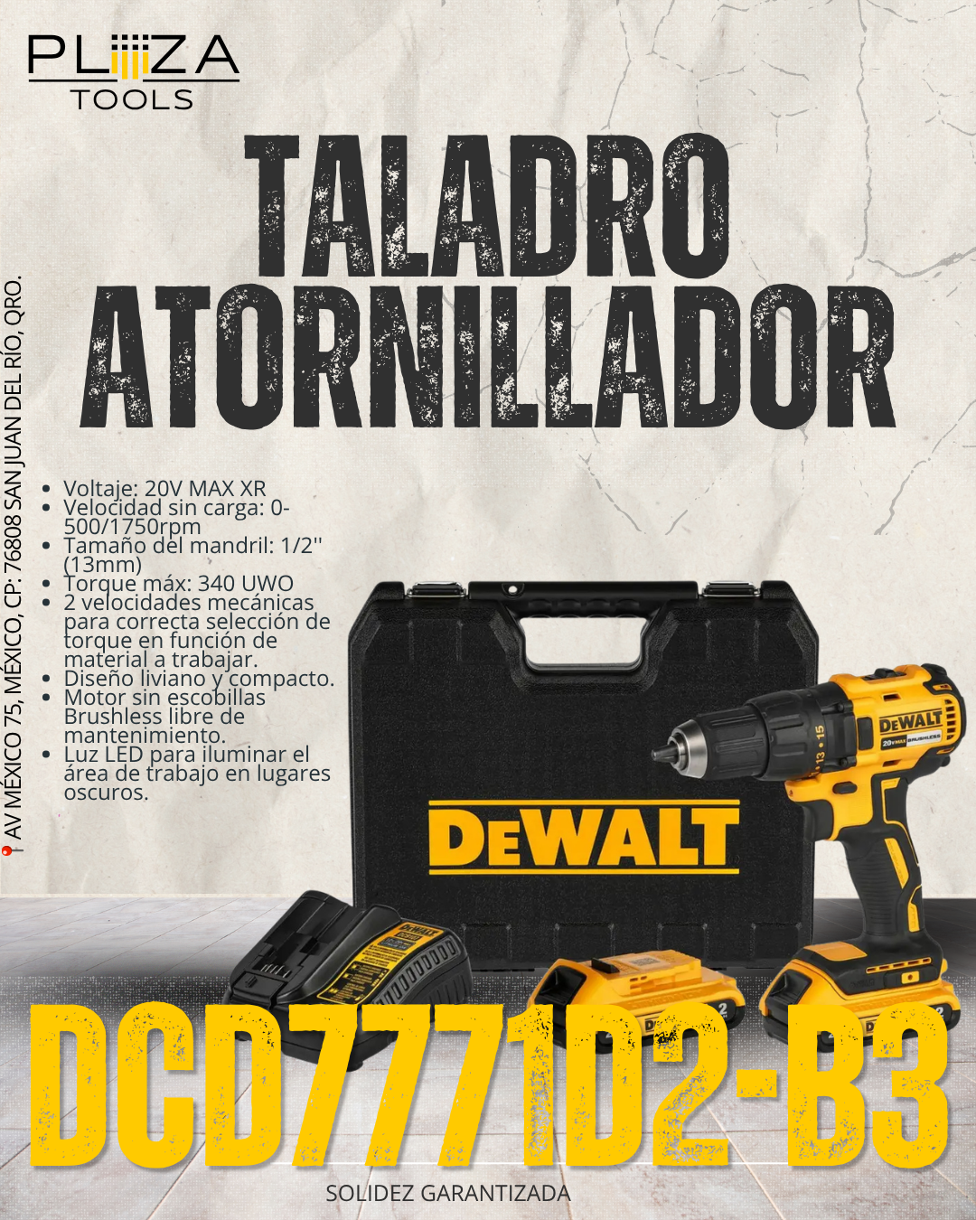 DCD7771D2-B3 Taladro / Atornillador Compacto Brushless 1/2'' 20V MÁX DEWALT