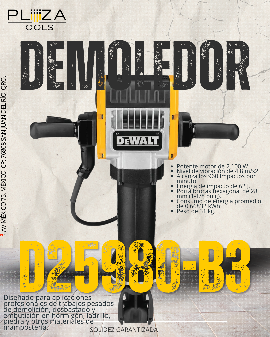 D25980-B3 Martillo Demoledor 30 kg 2,100W DeWalt