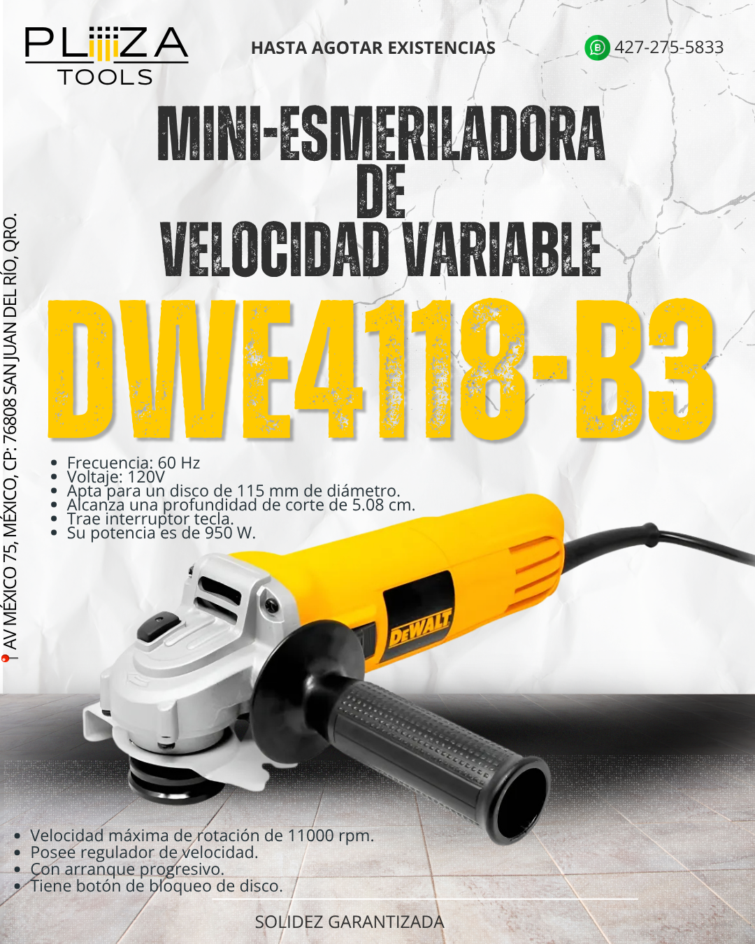 DWE4118-B3 Esmeriladora Angular De Velocidad Variable 4-1/2'' DEWALT