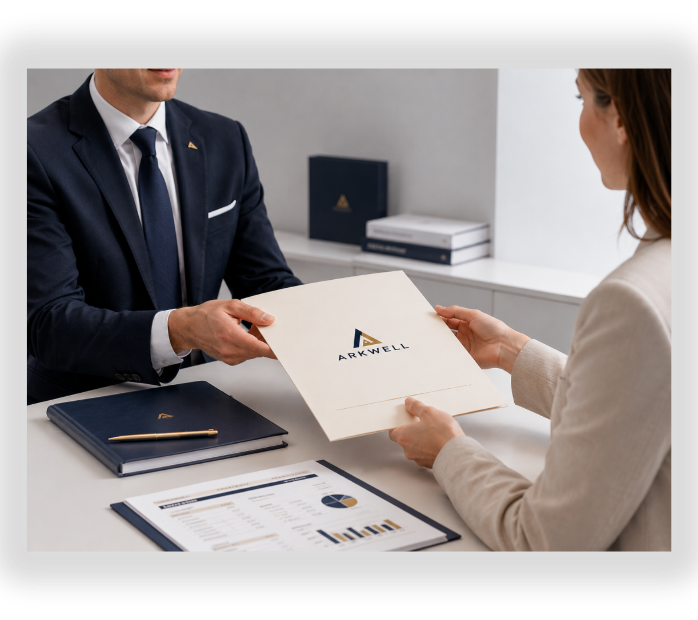 A man in a navy suit handing a white folder to a woman in a beige blazer during a business meeting in an office. Various documents with charts and graphics are on the table.