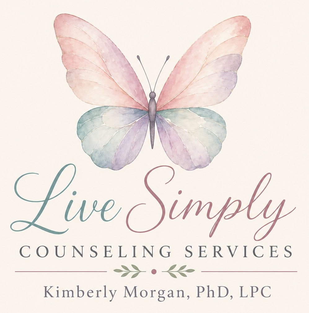 Logo for Live Simply Counseling Services with a watercolor butterfly above the text, which includes the business name and Kimberly Morgan, PhD, LPC.