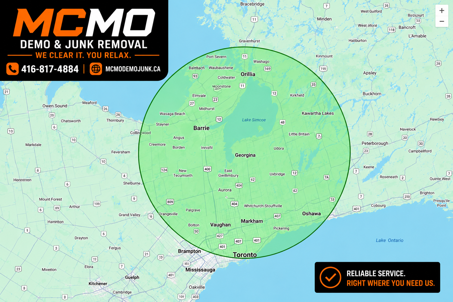 Map showing the service area for MCMDemojunk.ca, centered around Toronto, Ontario, with a green circle highlighting cities including Barrie, Georgina, Oshawa, Vaughan, Markham, and others, indicating the coverage zone for junk removal services.