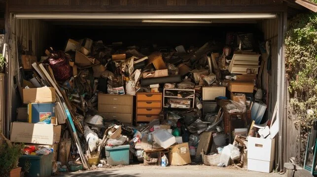 Garage cleanout and junk removal project featuring accumulated household items, furniture, boxes, and debris ready for disposal.