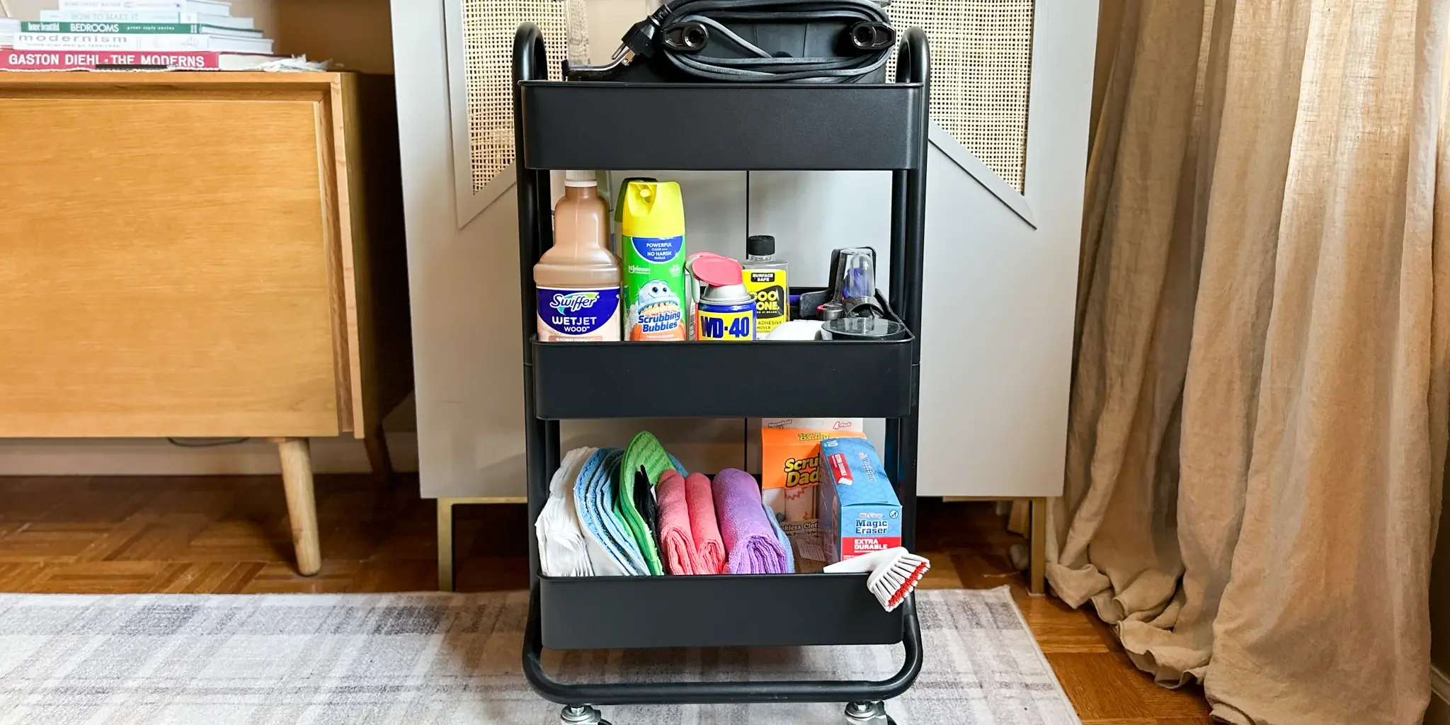Professional cleaning supplies and equipment organized for residential deep cleaning, move-in and move-out cleaning, and property cleanup services.