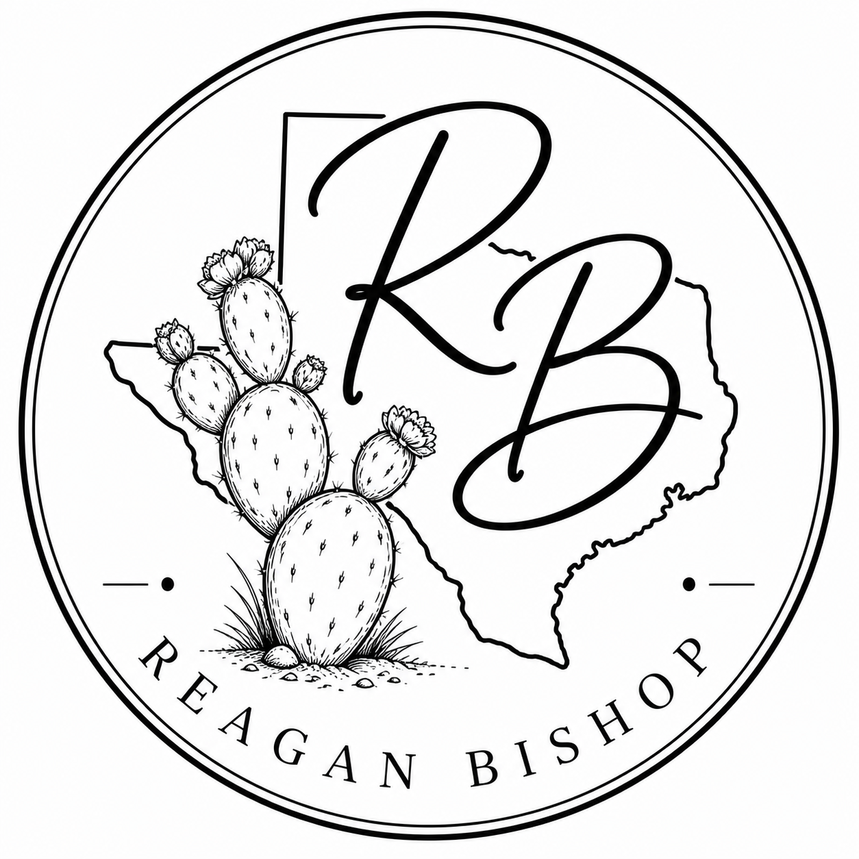 A circular logo with a drawing of a cactus and the outline of Texas, featuring the initials 'RB' in script, and the words 'Reagan Bishop' and 'Reagan Bishop' in a circle around it.