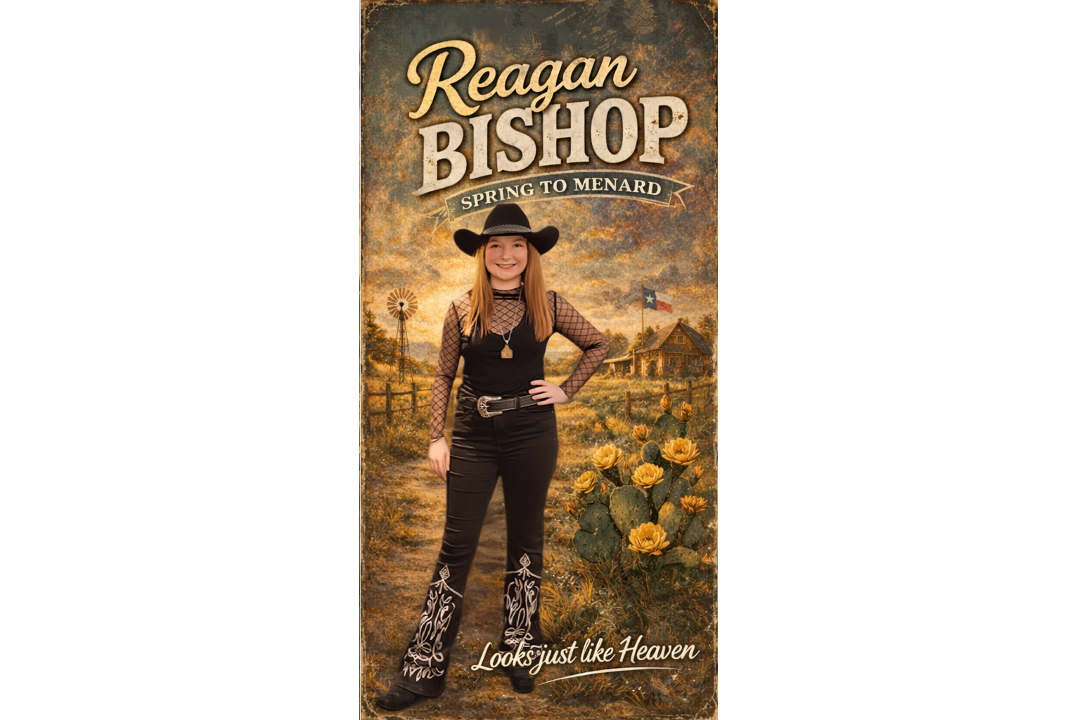 A woman dressed in a black cowboy hat, fishnet top, black pants with white embroidered designs, and a belt, standing with her hand on her hip in front of a country-themed background featuring cacti, yellow flowers, a barn, a Texas flag, and a windmill, with the text 'Reagan Bishop' and 'Spring to Menard' at the top and 'Looks just like Heaven' at the bottom.