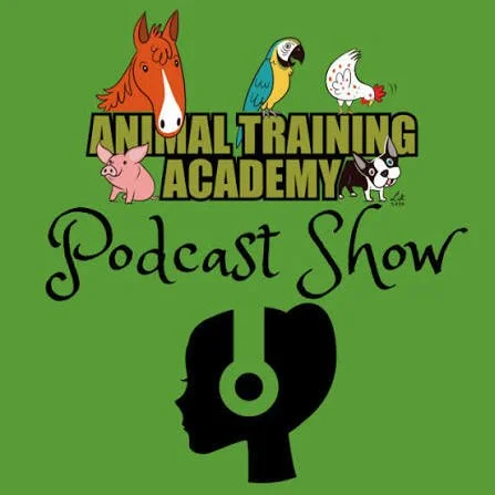 Logo for Animal Training Academy Podcast Show featuring cartoon animals and a silhouette of a person with headphones.