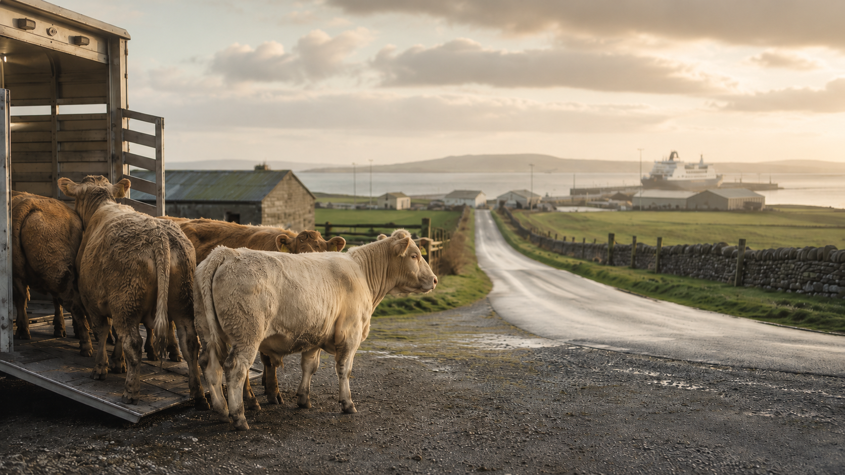 Cows being unloaded from a trailer on a rural road with farmland, a stone wall, a distant ferry, and a cloudy sky in the background.