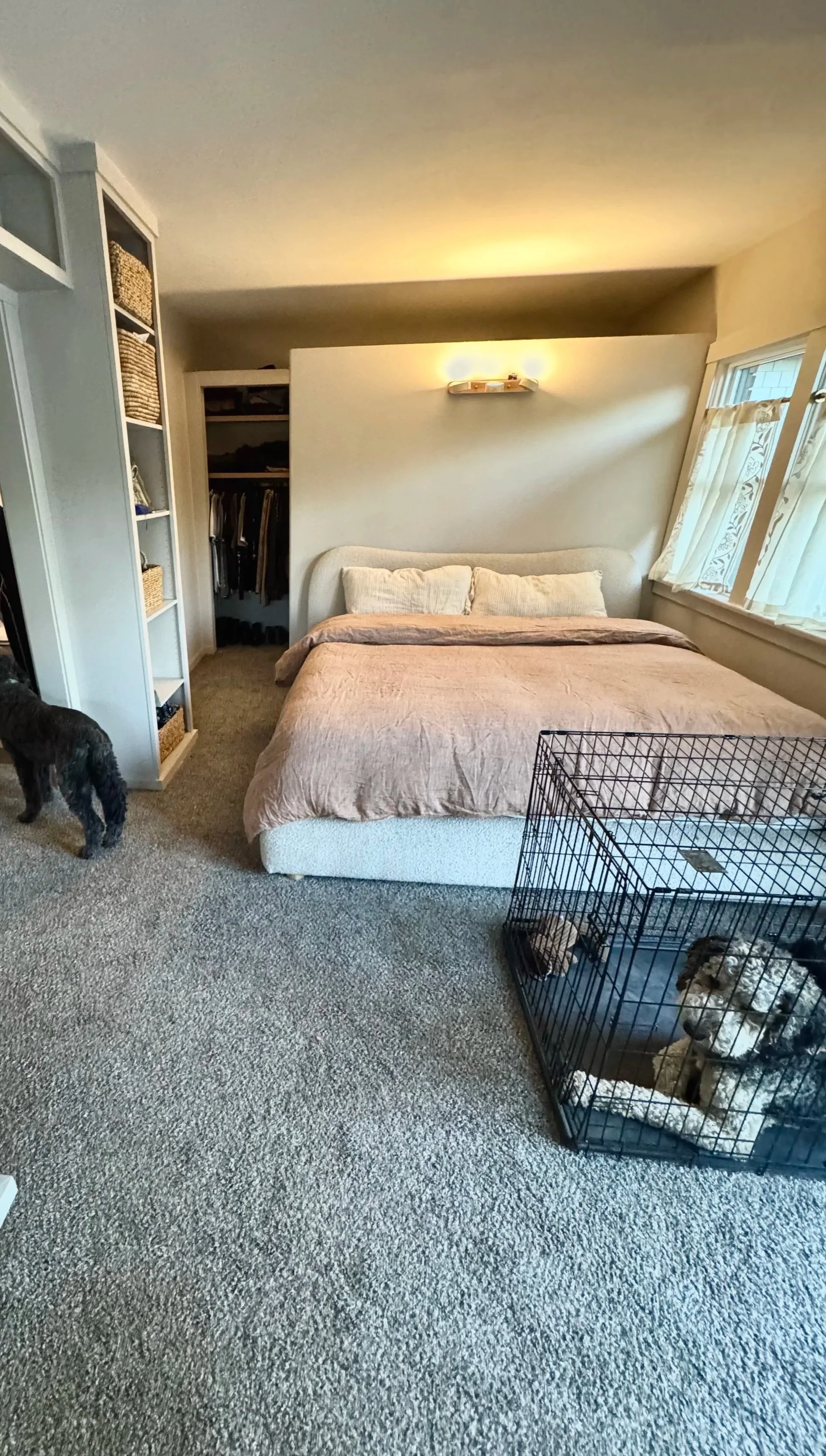 A bedroom with a bed covered in a pinkish blanket, a dog to the left, a dog in a crate to the right, an open closet with clothes inside, a built-in shelf with baskets, a window with curtains, and a wall-mounted light fixture.