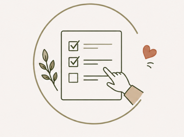Illustration of a hand touching a checklist with three items, two checked off, with a leaf on the side and a small heart nearby.