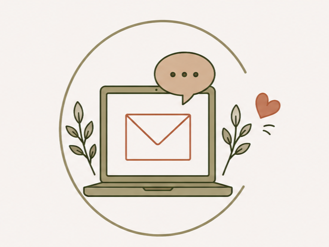 Illustration of a laptop with an envelope on the screen, a speech bubble above, two leafy branches on each side, and a small red heart on the right.