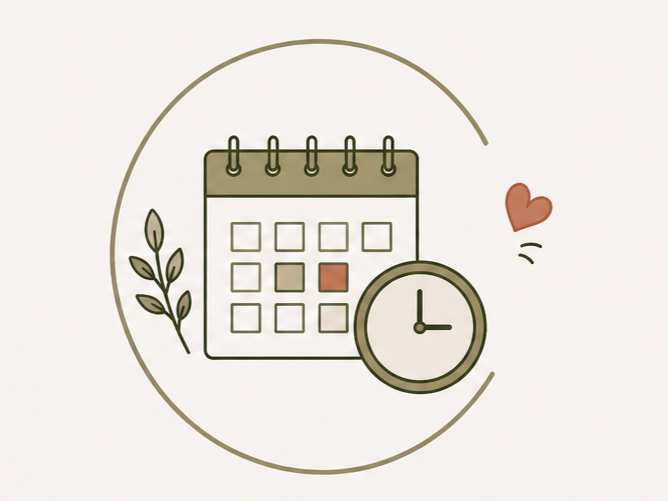 Illustration of a calendar with a marked date, a clock, a small branch, and a heart symbol.