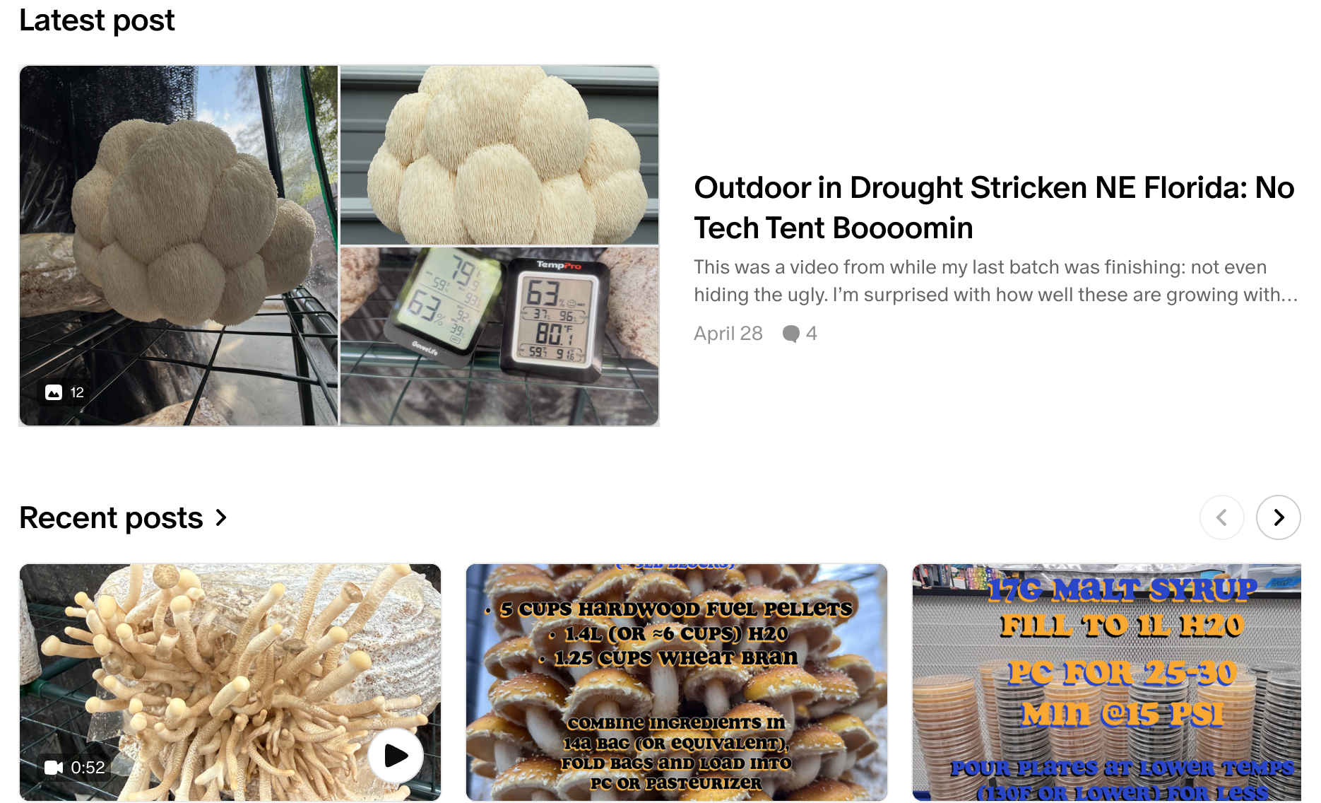 A collage of several images including a cluster of white mushrooms growing on a rack, a digital thermometer showing temperature and humidity, and various outdoor and gardening-related scenes.