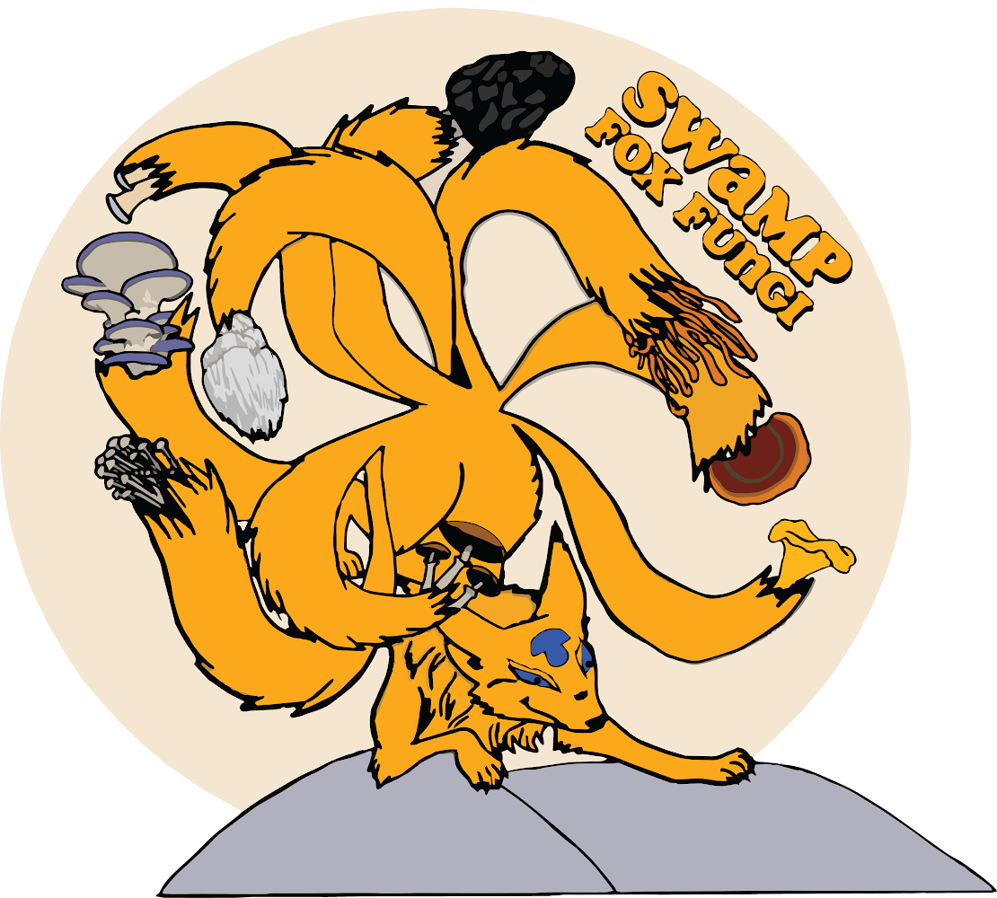 A cartoon image of a fox standing on a rock, with nine tails, each tail has a different Mushroom. The fox has a blue heart-shaped mark on its forehead and is blue eyed. The background is a light circle with the text "Swamp Fox Fungi" written.
