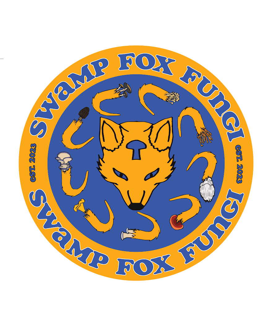 A circular logo with a blue and gold color scheme. It features a fox's face at the center with multiple fox tails surrounding it, each has a different mushroom on the end. The outer ring has the text 'SWAMP FOX FUNGI' and 'est. 2023' repeated twice.