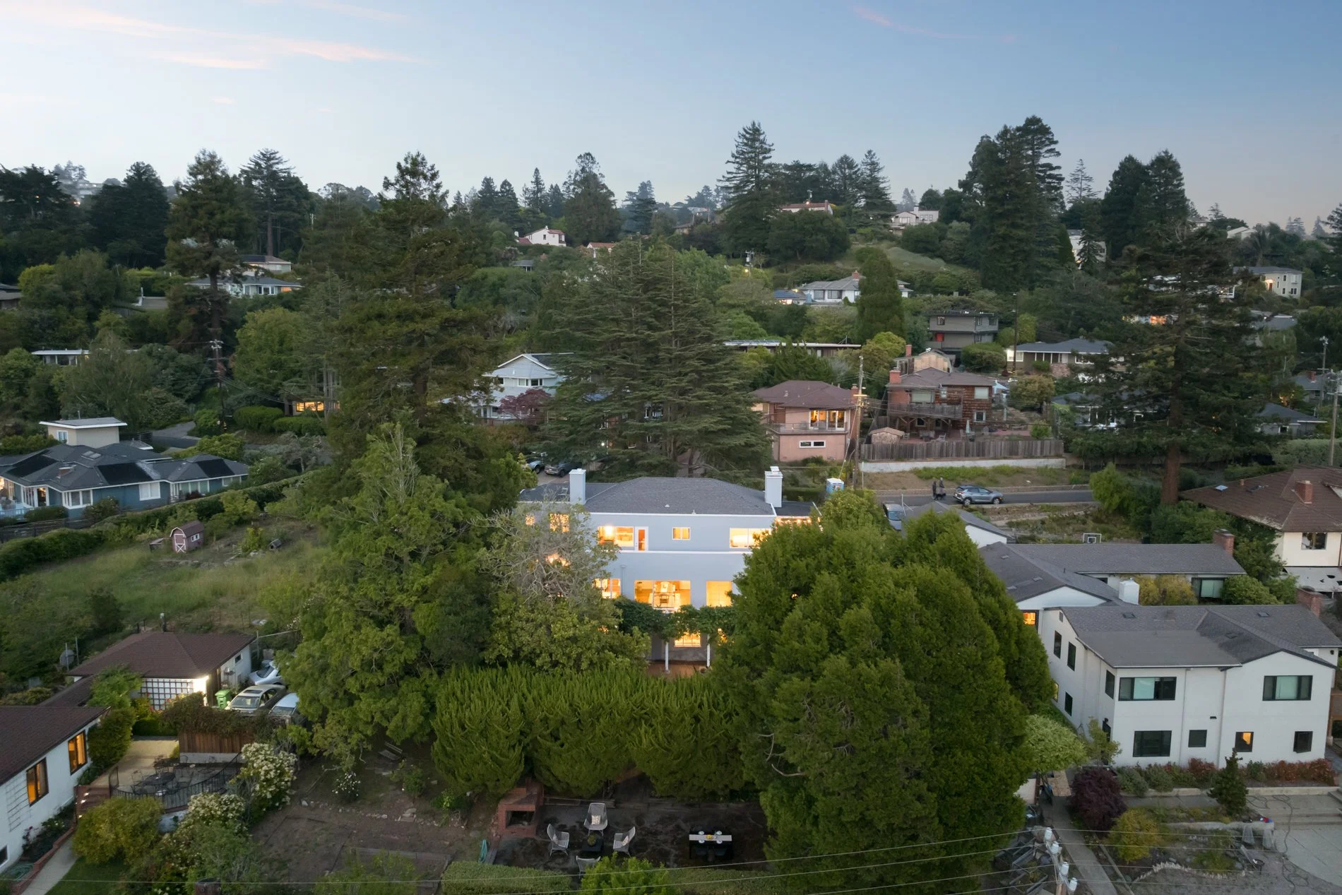 A neighborhood with houses of various architectural styles among lush green trees on a hillside, some houses with lights on in the evening.