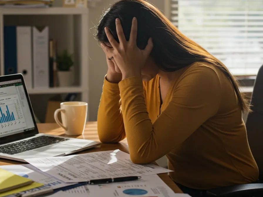 A woman with long dark hair wearing a yellow shirt sitting at a desk with documents, a pen, a laptop displaying graphs, a coffee mug, and sunlight coming through blinds.