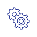 Icon of two interconnected gears, one larger and one smaller, representing mechanics or settings.