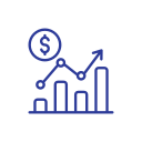 Blue line graph with dollar sign and upward arrow indicating financial growth