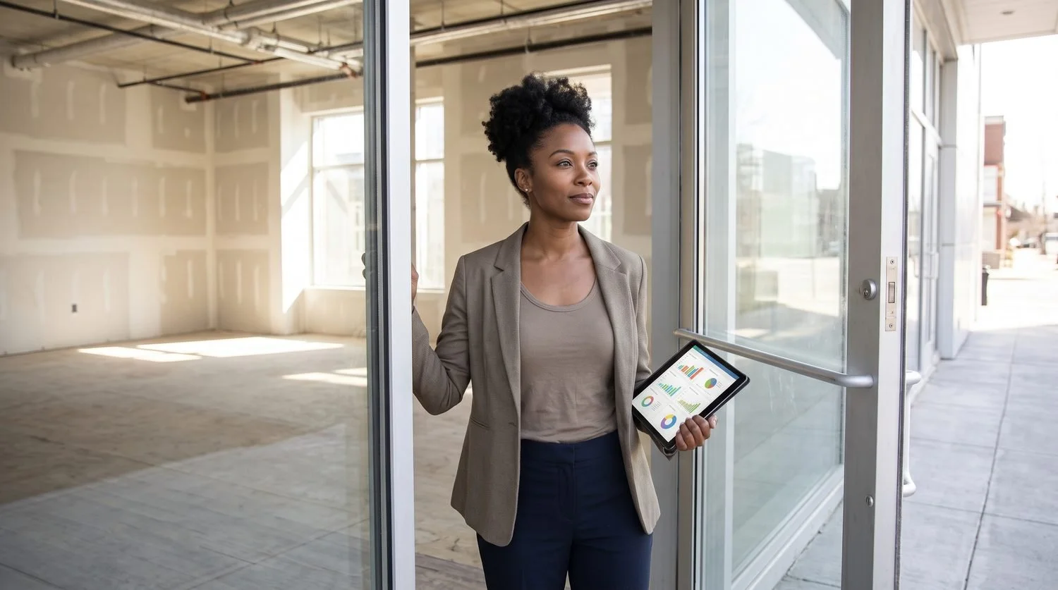 Business owner holding a tablet with financial charts at the door of an empty space ready for expansion