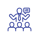 Illustration of a person speaking to a group of people, with speech bubbles indicating communication or discussion