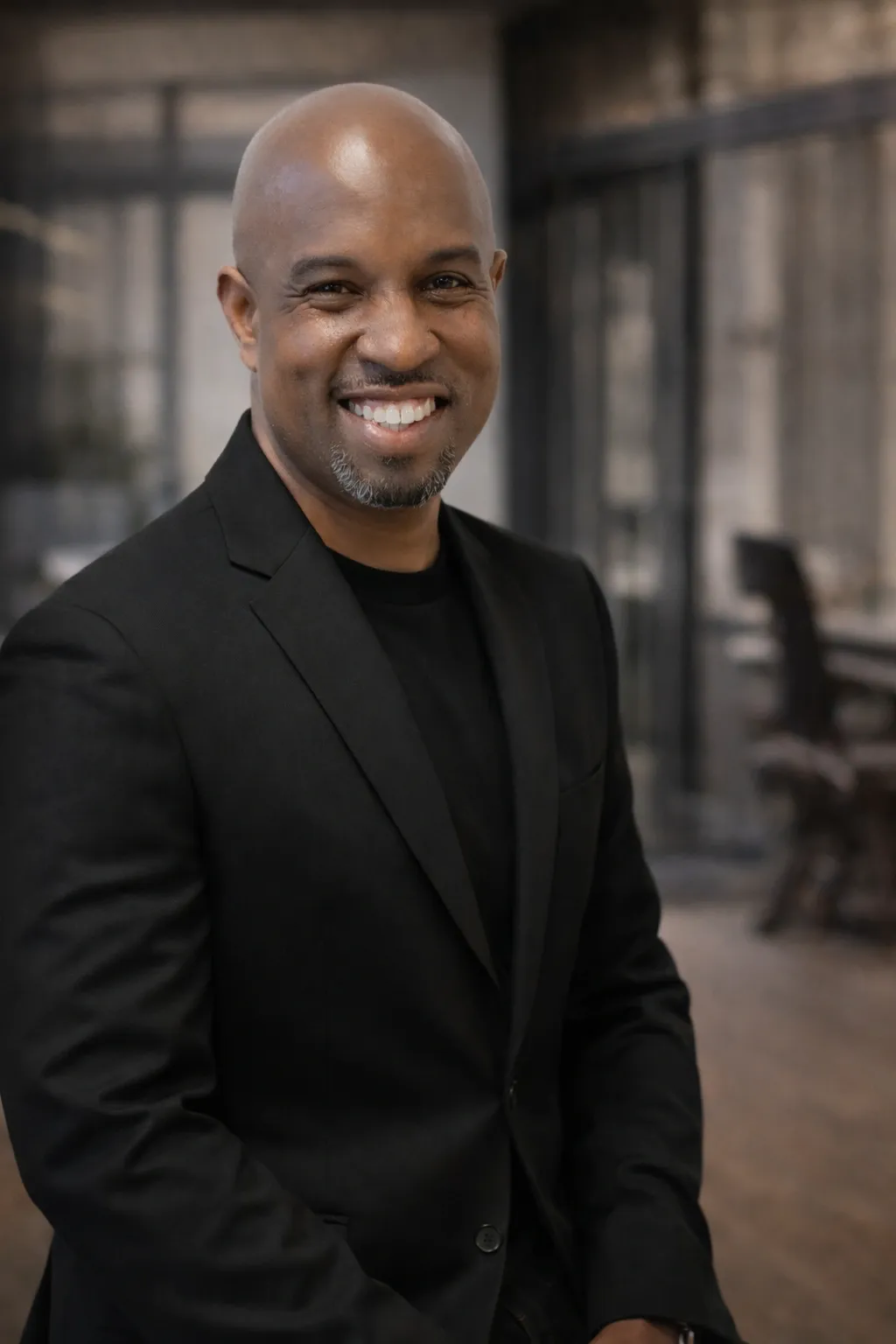 A smiling African American man with a bald head and goatee, dressed in a black blazer and shirt, standing indoors against a blurred background.