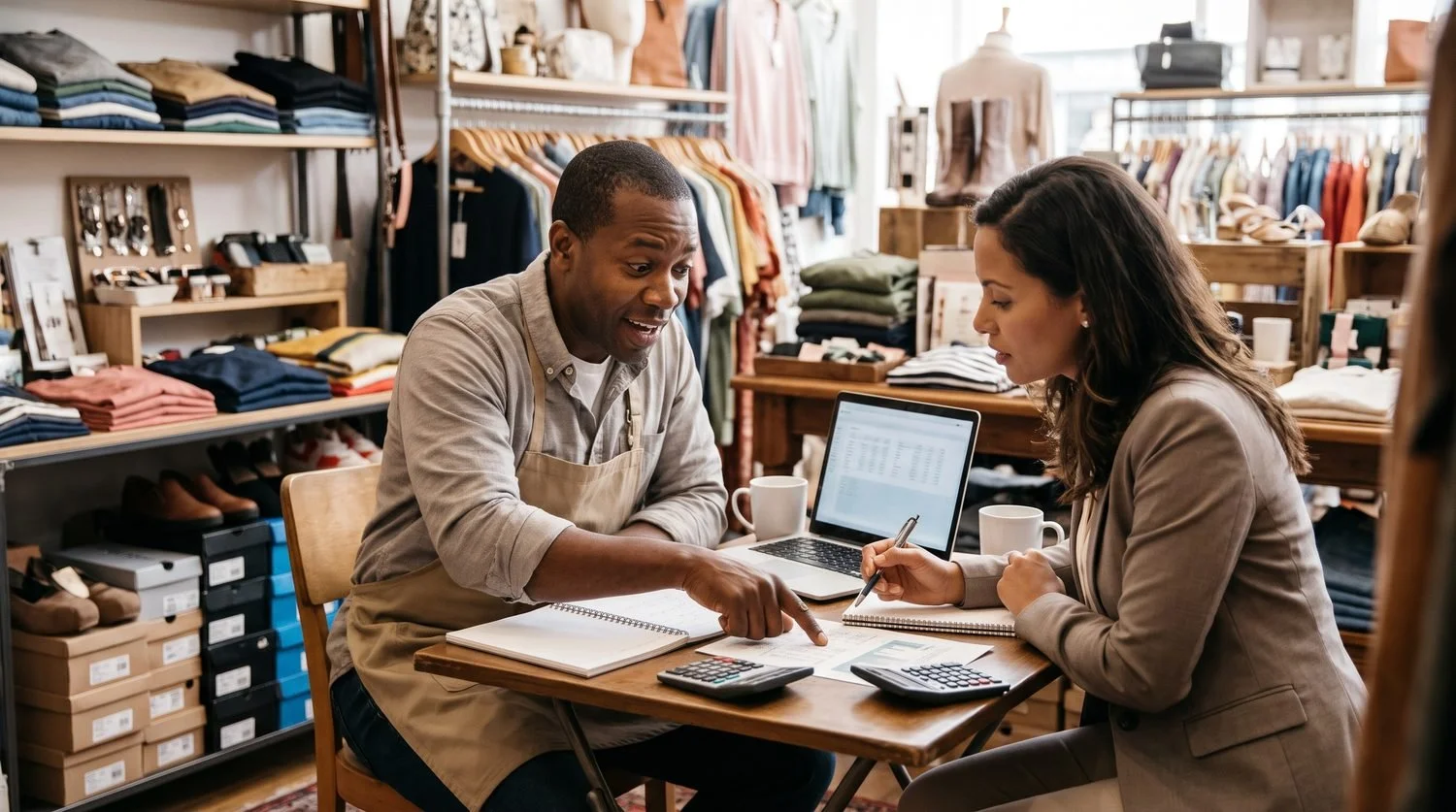 Retail owner reviewing a monthly financial report with his bookkeeper