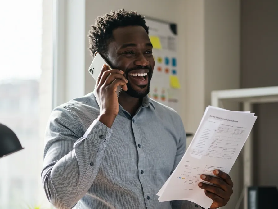 A man smiling happily while talking on a phone and holding documents in an office.