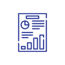 Blue icon of a document with charts and graphs